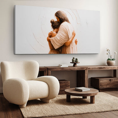 Divine Embrace of Grace Faith Wall Art II canvas by Tailored Canvases, soft peach hug scene on Tampa Home & Garden Store