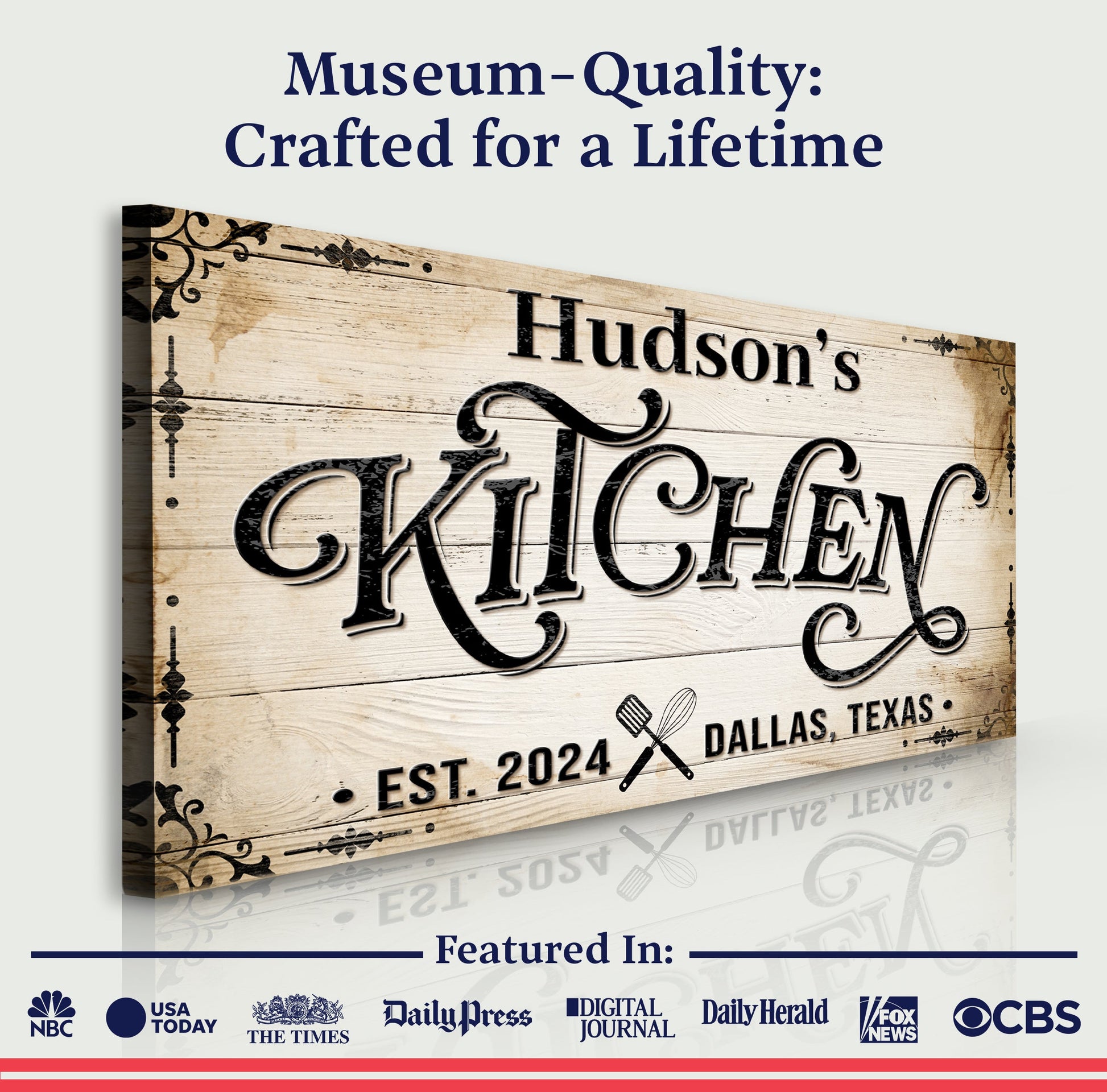 Kitchen Sign XI canvas with vintage wood grain and ornate black script by Tailored Canvases on Tampa Home & Garden Store