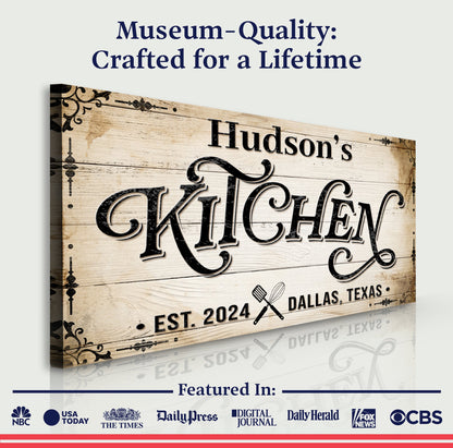 Kitchen Sign XI canvas with vintage wood grain and ornate black script by Tailored Canvases on Tampa Home & Garden Store