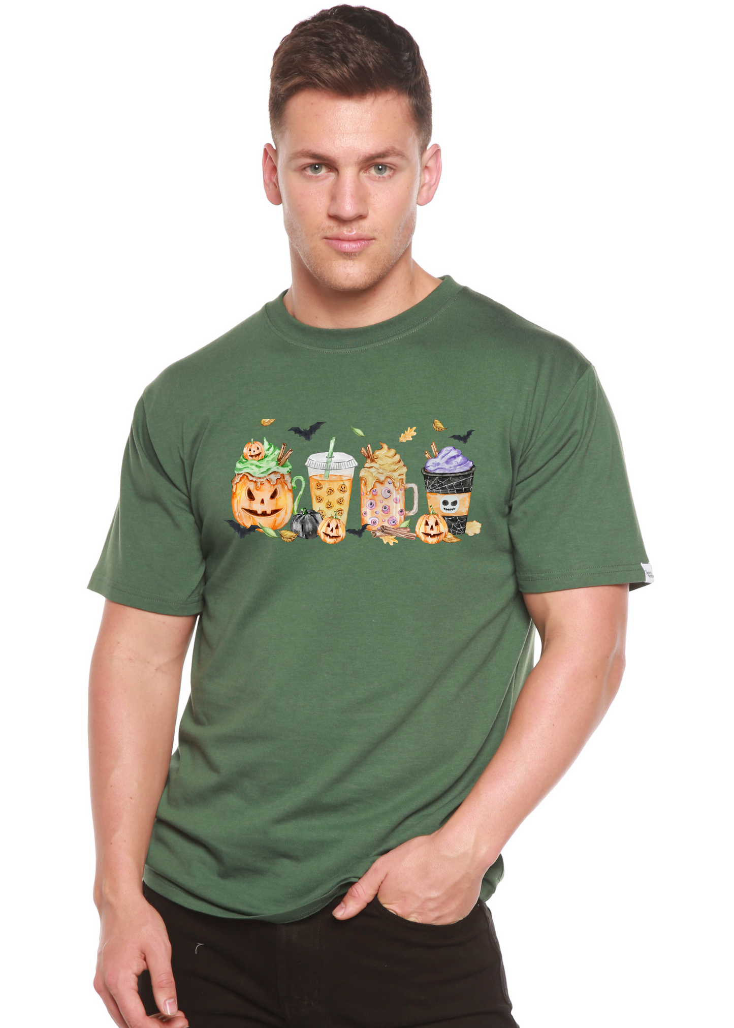 Happy Halloween men's green bamboo viscose/organic cotton tee with pumpkin print on Tampa Home & Garden Store