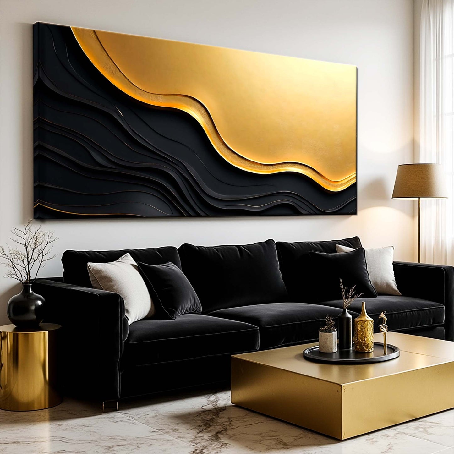 Black And Gold Minimalist Abstract V canvas Tailored Canvases curves on black waves on Tampa Home & Garden Store