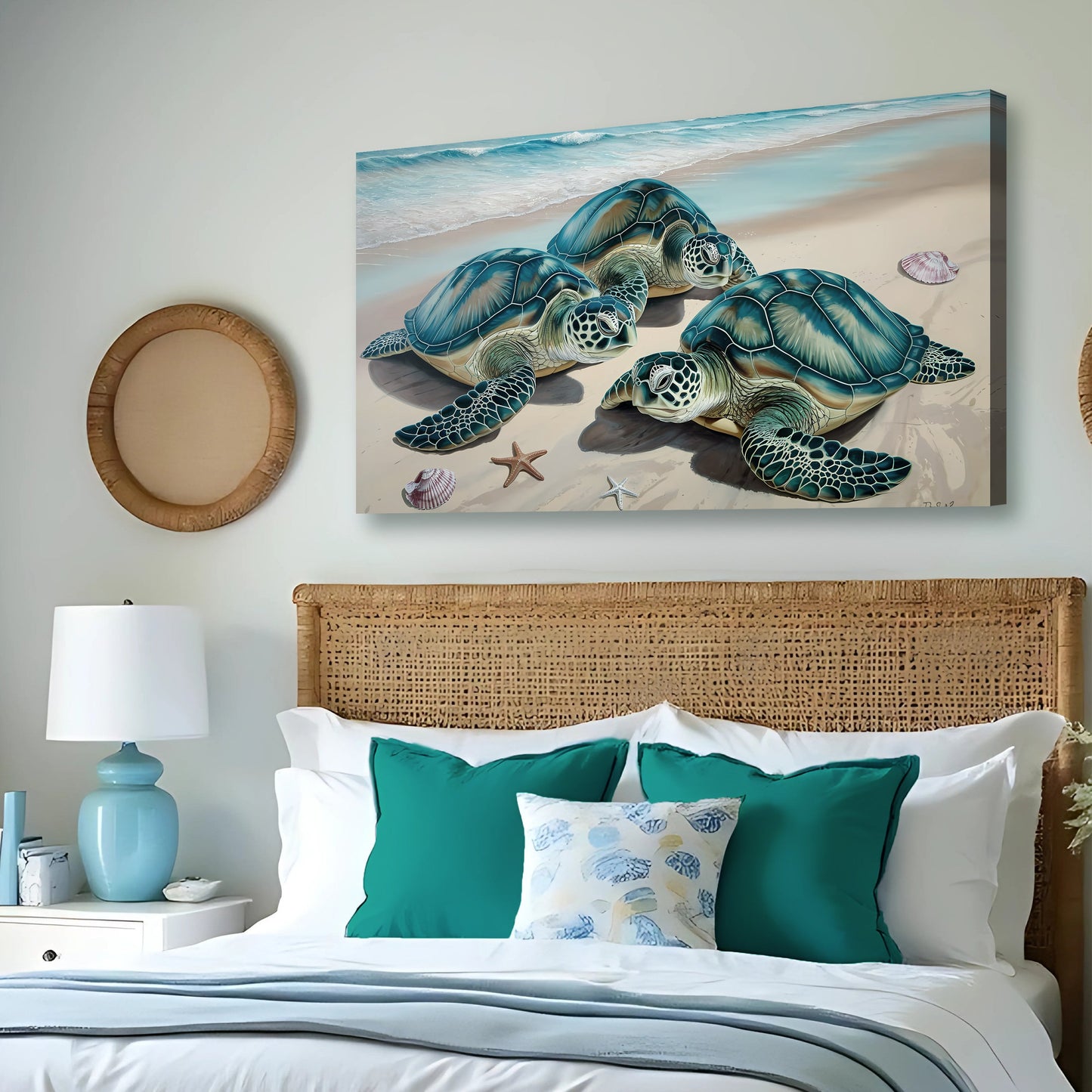 3D Coastal Wall Art III canvas by Tailored Canvases featuring three teal sea turtles on beach on Tampa Home & Garden Store