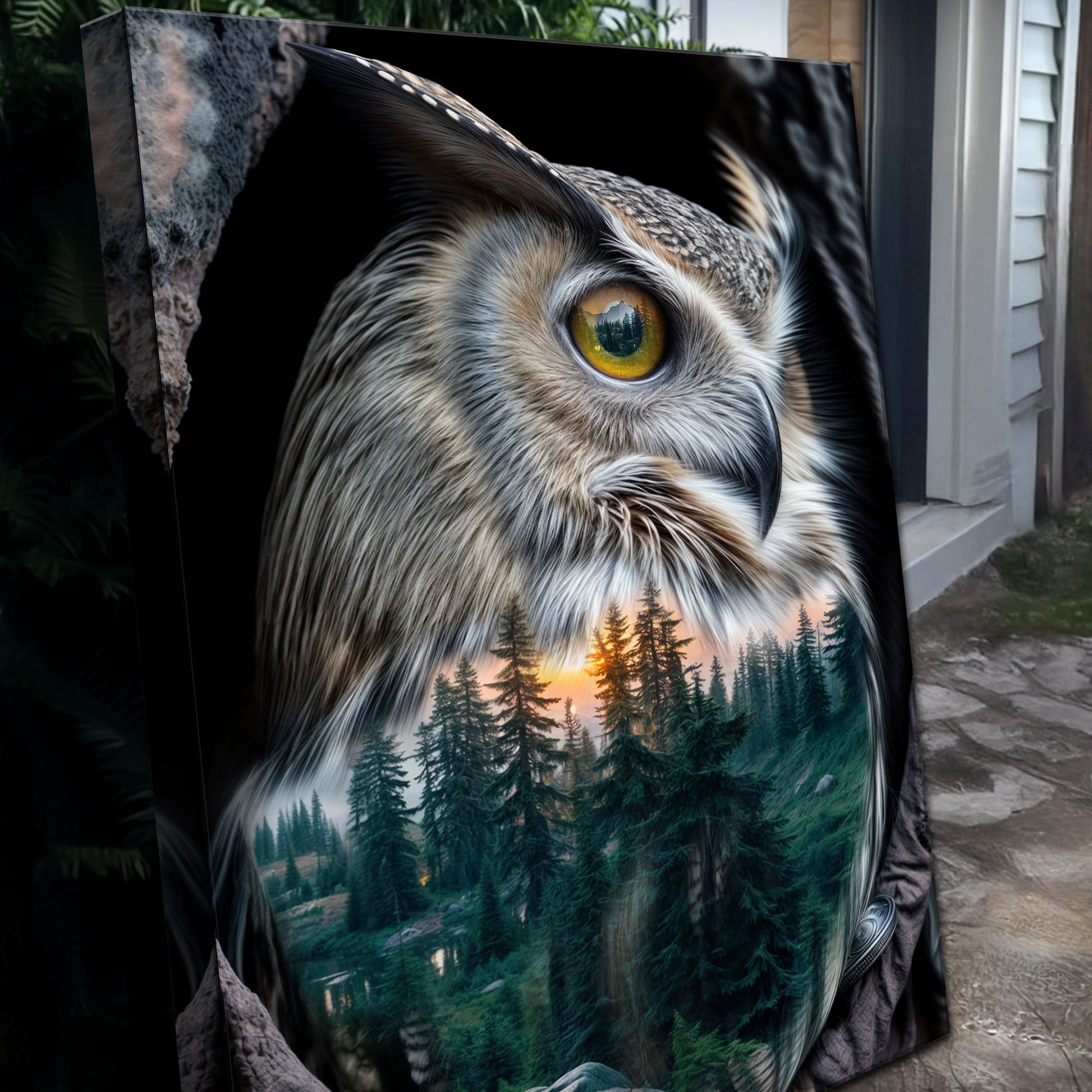 Owl Double Exposure Canvas by Tailored Canvases, forest scene in the owl's eye on Tampa Home & Garden Store