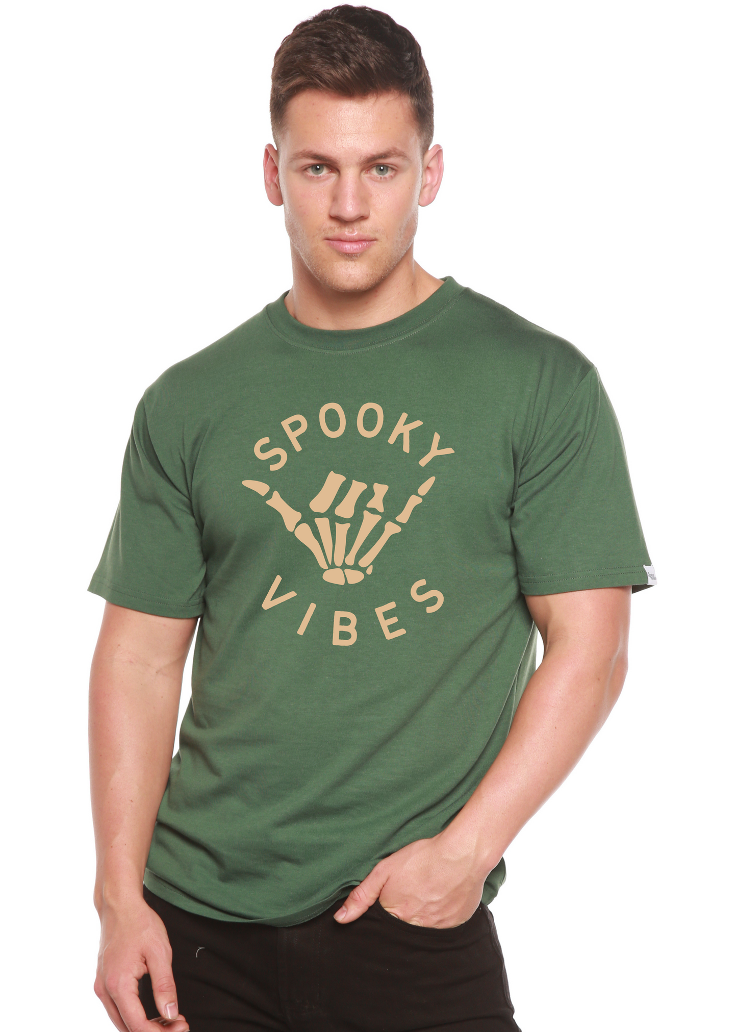 Spooky Vibes men's bamboo viscose/organic cotton tee skeleton hand olive green on Tampa Home & Garden Store