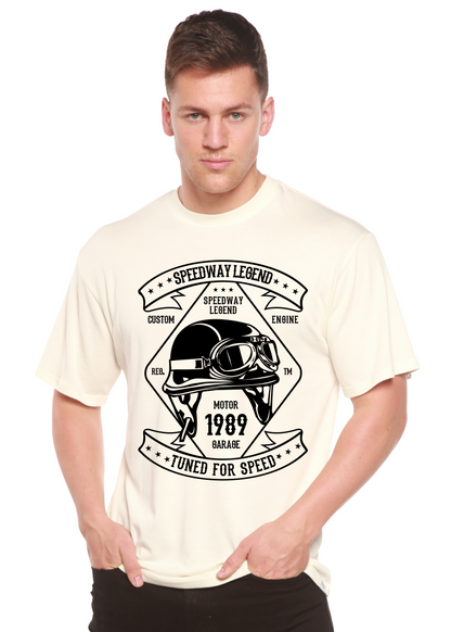 Speedway Legend Spun Bamboo men's short sleeve graphic T-shirt in cream with black helmet on Tampa Home & Garden Store