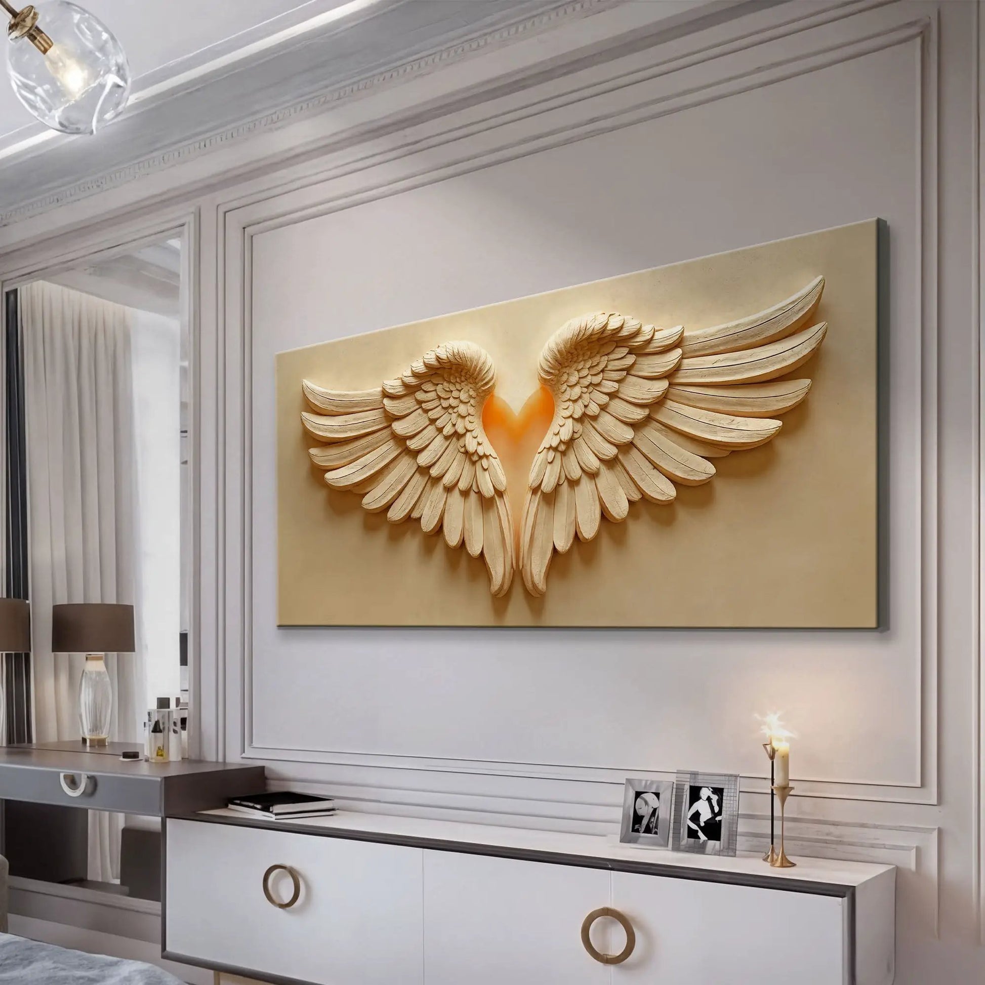 Wings Of Devotion canvas wall art with gold feather wings Tailored Canvases on Tampa Home & Garden Store