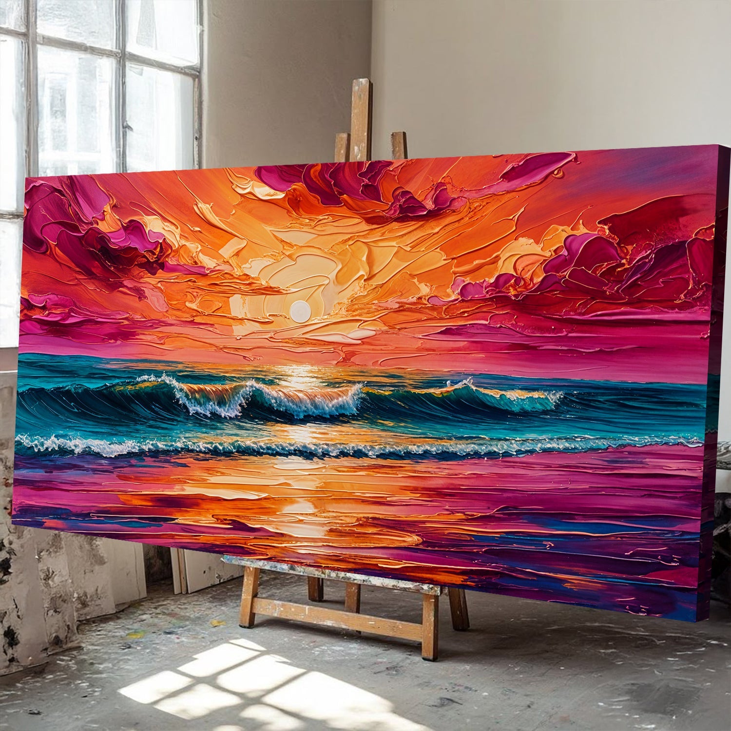 Coastal Sunset Wall Art Canvas by Tailored Canvases with vivid orange sky and teal waves on Tampa Home & Garden Store