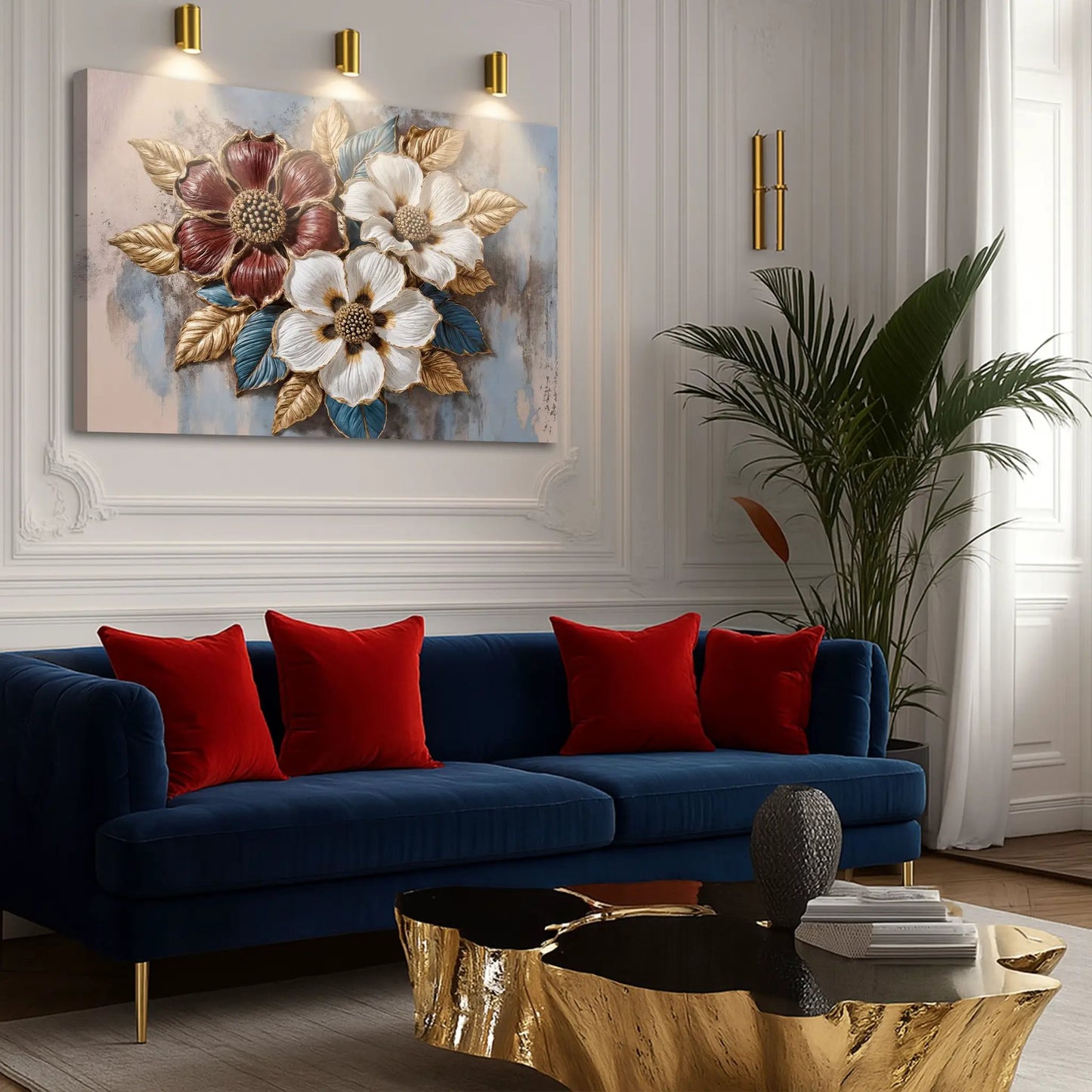 Floral Symphony Wall Art II canvas by Tailored Canvases; white and red florals with gold leaves on Tampa Home & Garden Store