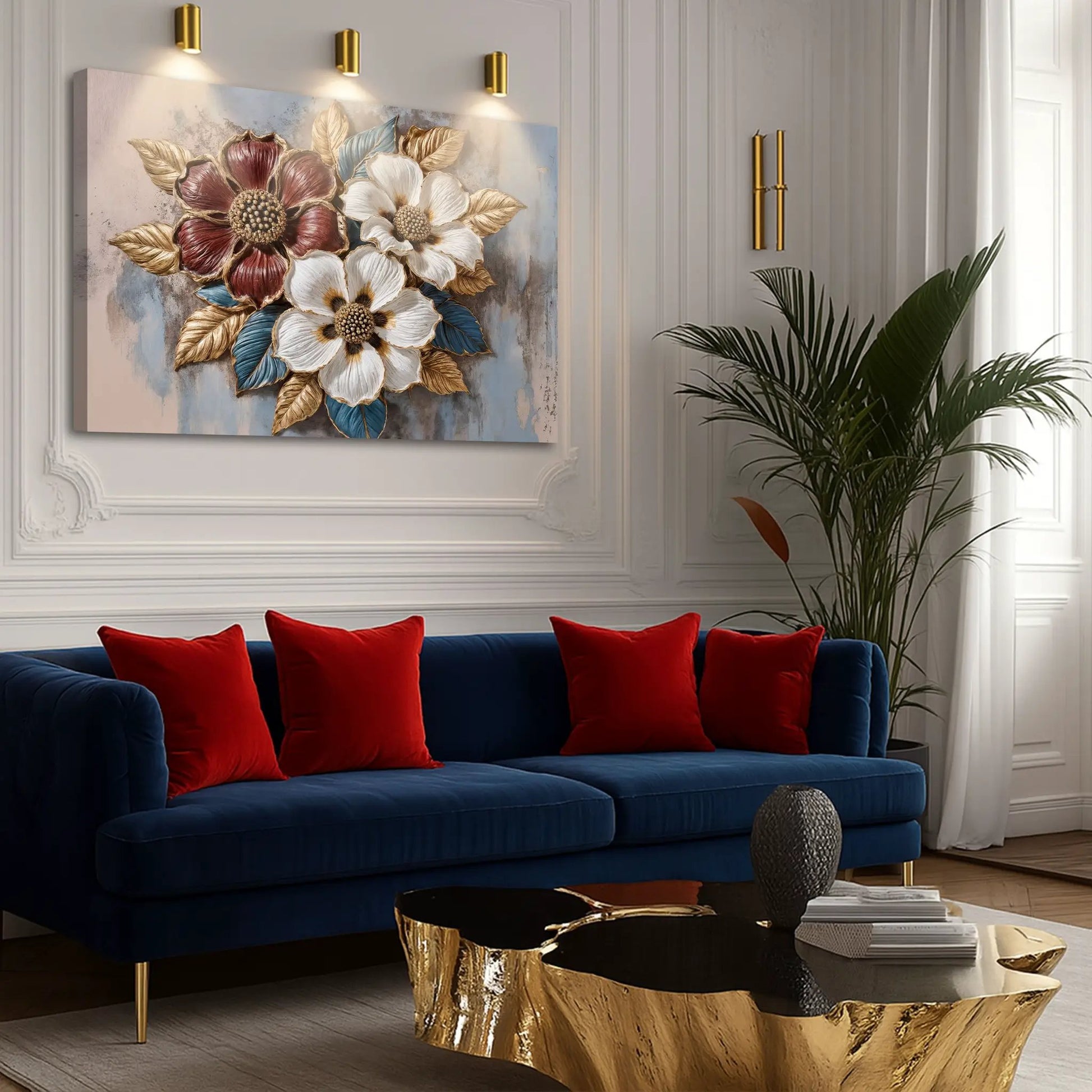 Floral Symphony Wall Art II canvas by Tailored Canvases; white and red florals with gold leaves on Tampa Home & Garden Store