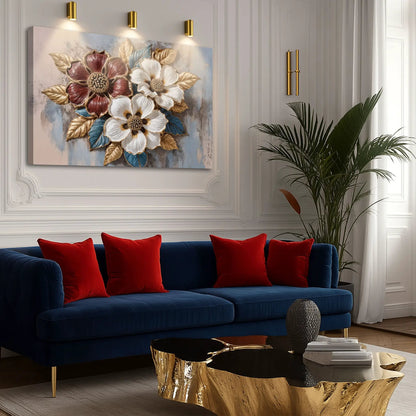 Floral Symphony Wall Art II canvas by Tailored Canvases; white and red florals with gold leaves on Tampa Home & Garden Store