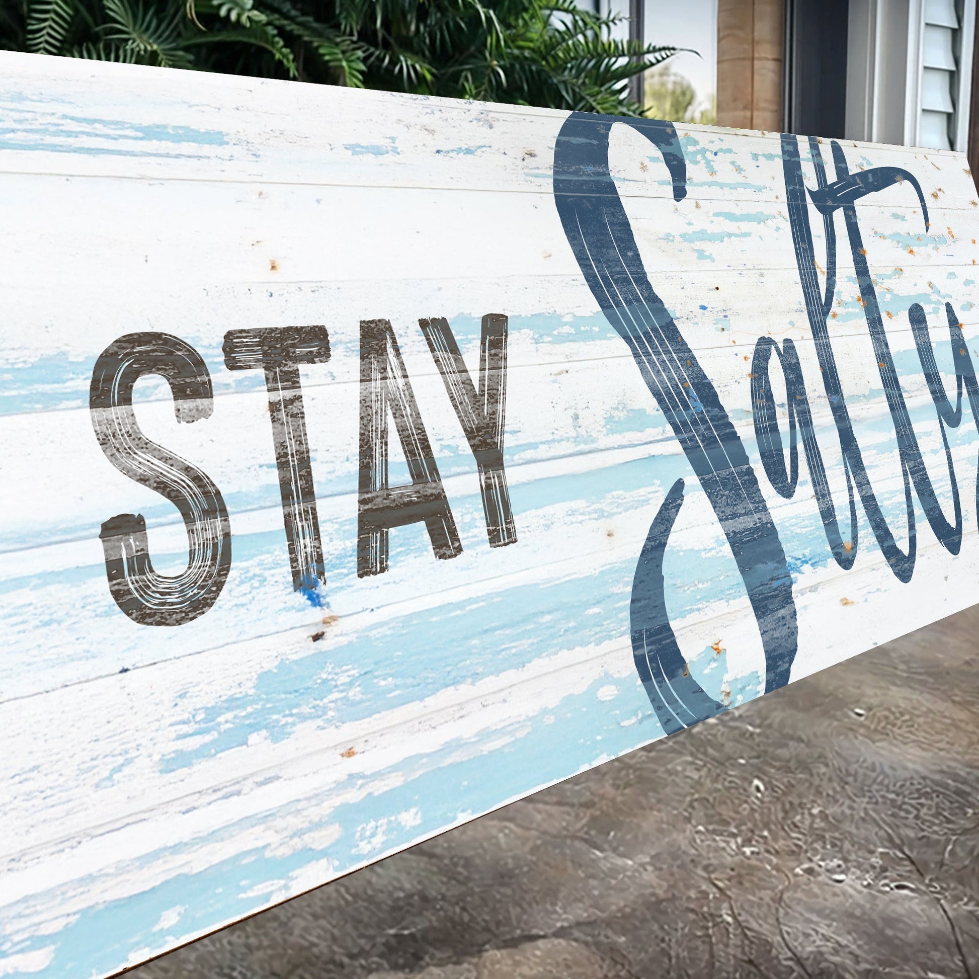 Stay Salty Coastal Sign IX canvas with distressed blue plank background on Tampa Home & Garden Store