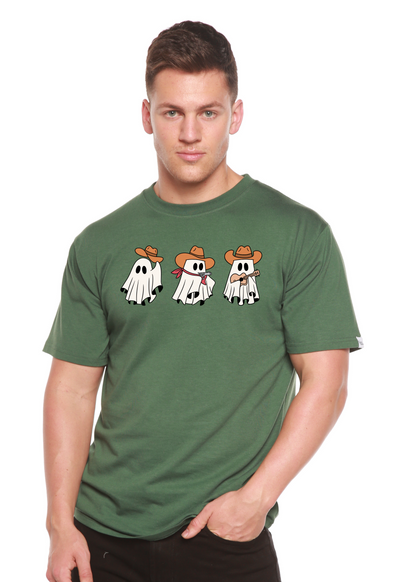 Spun Bamboo unisex green graphic tee featuring three cowboy ghosts wearing hats on Tampa Home & Garden Store