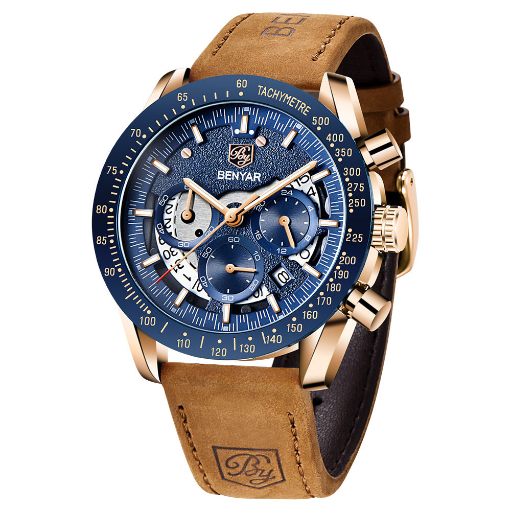 Benyar men's blue dial chronograph watch with gold-tone case and tan leather strap on Tampa Home & Garden Store