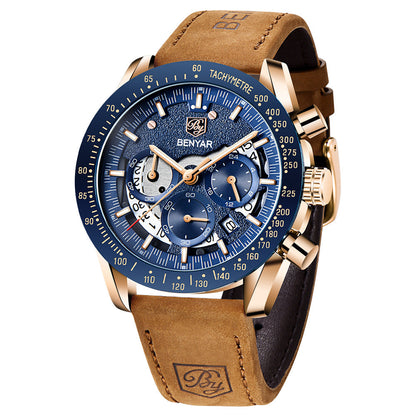Benyar men's blue dial chronograph watch with gold-tone case and tan leather strap on Tampa Home & Garden Store