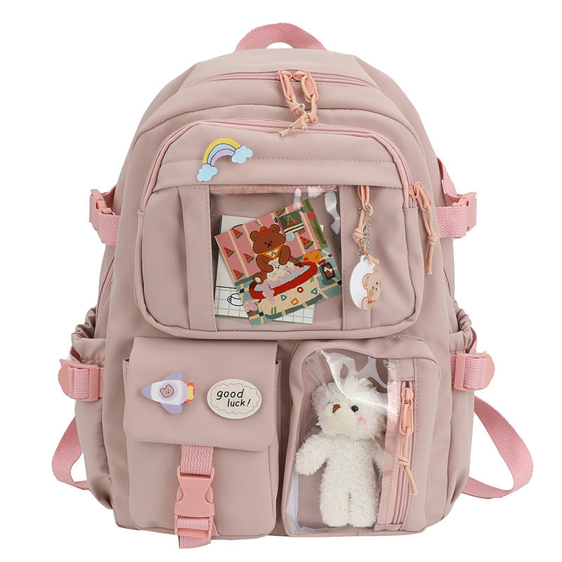 Stevvex mini backpack pink with front pockets and plush bunny in clear pocket on Tampa Home & Garden Store