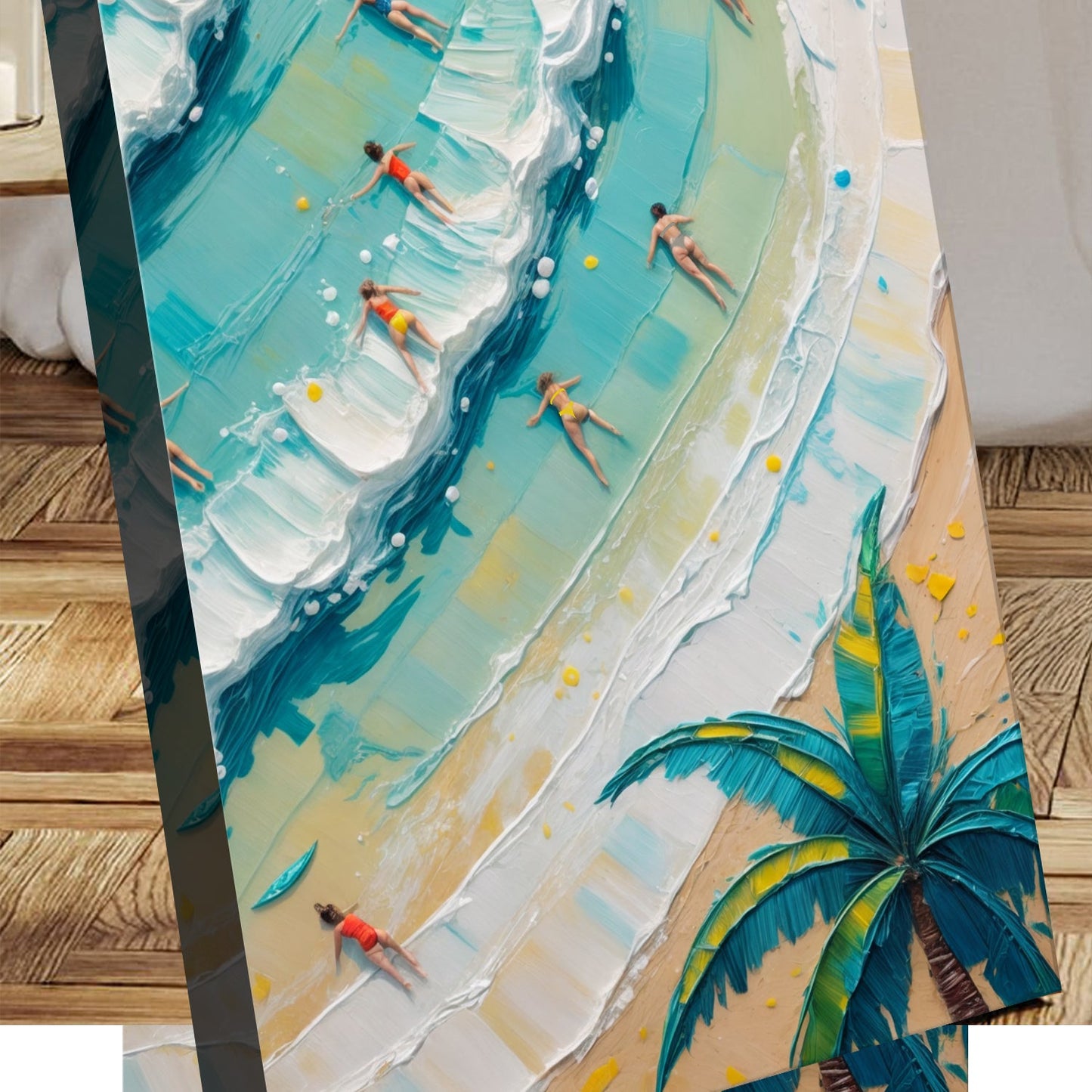 Beach Days Wall Art XXI canvas by Tailored Canvases with turquoise waves and tiny surfers on Tampa Home & Garden Store