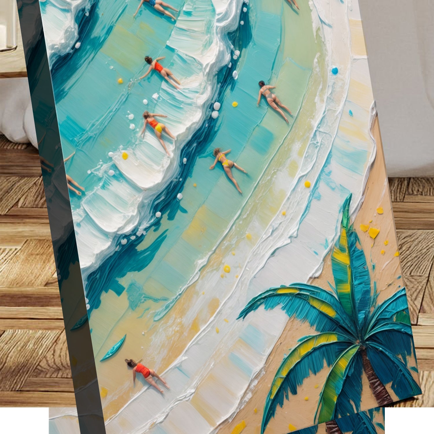 Beach Days Wall Art XXI canvas by Tailored Canvases with turquoise waves and tiny surfers on Tampa Home & Garden Store