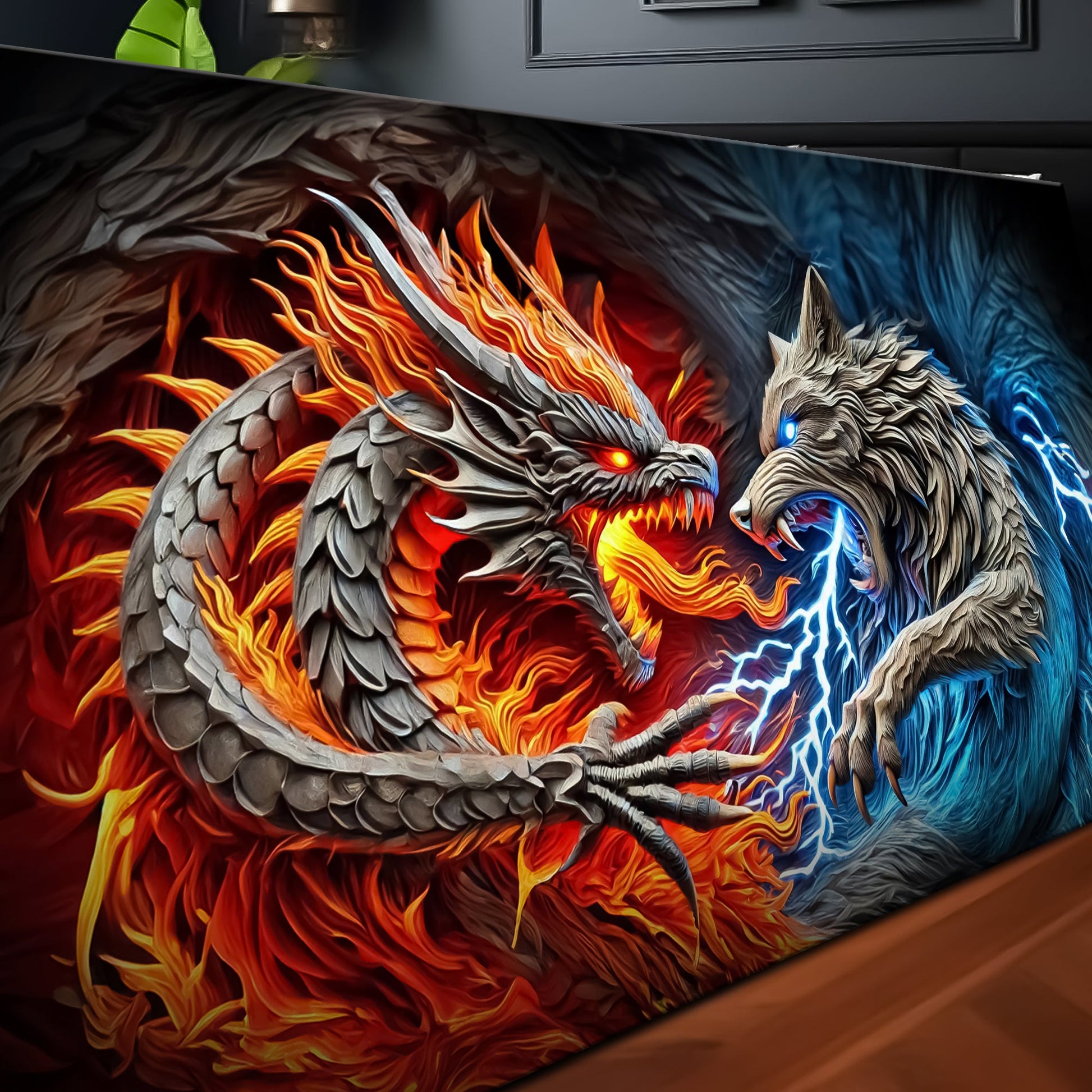 3D Dragon and Wolf Wall Art II canvas by Tailored Canvases featuring fiery dragon and pale wolf with blue accents on Tampa Home & Garden Store
