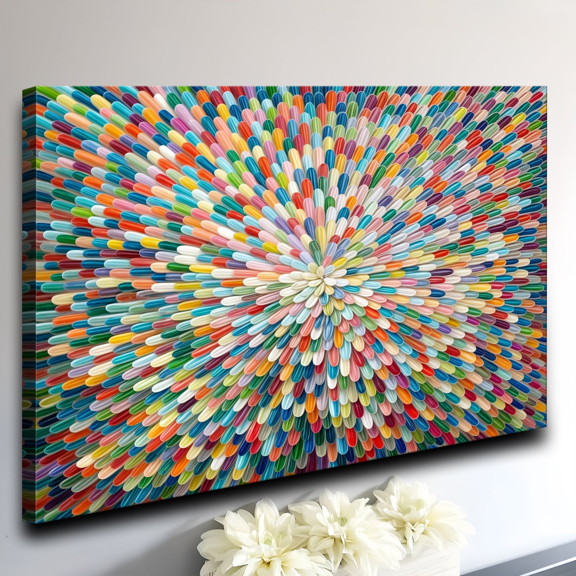 Radiant Bloom Wall Art canvas by Tailored Canvases with a vibrant multicolor radial petal burst on Tampa Home & Garden Store