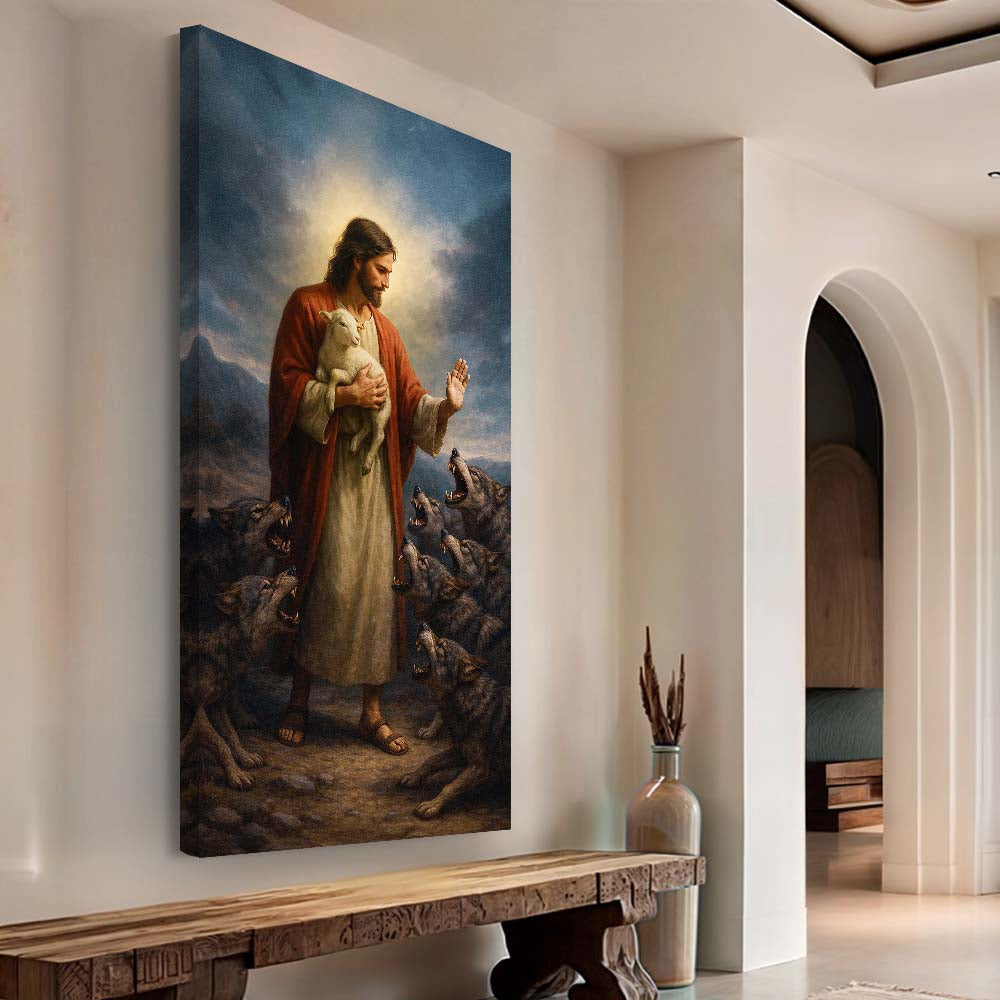 Canvas wall art Jesus in red robes shielding a lamb from wolves, dramatic biblical scene on Tampa Home & Garden Store