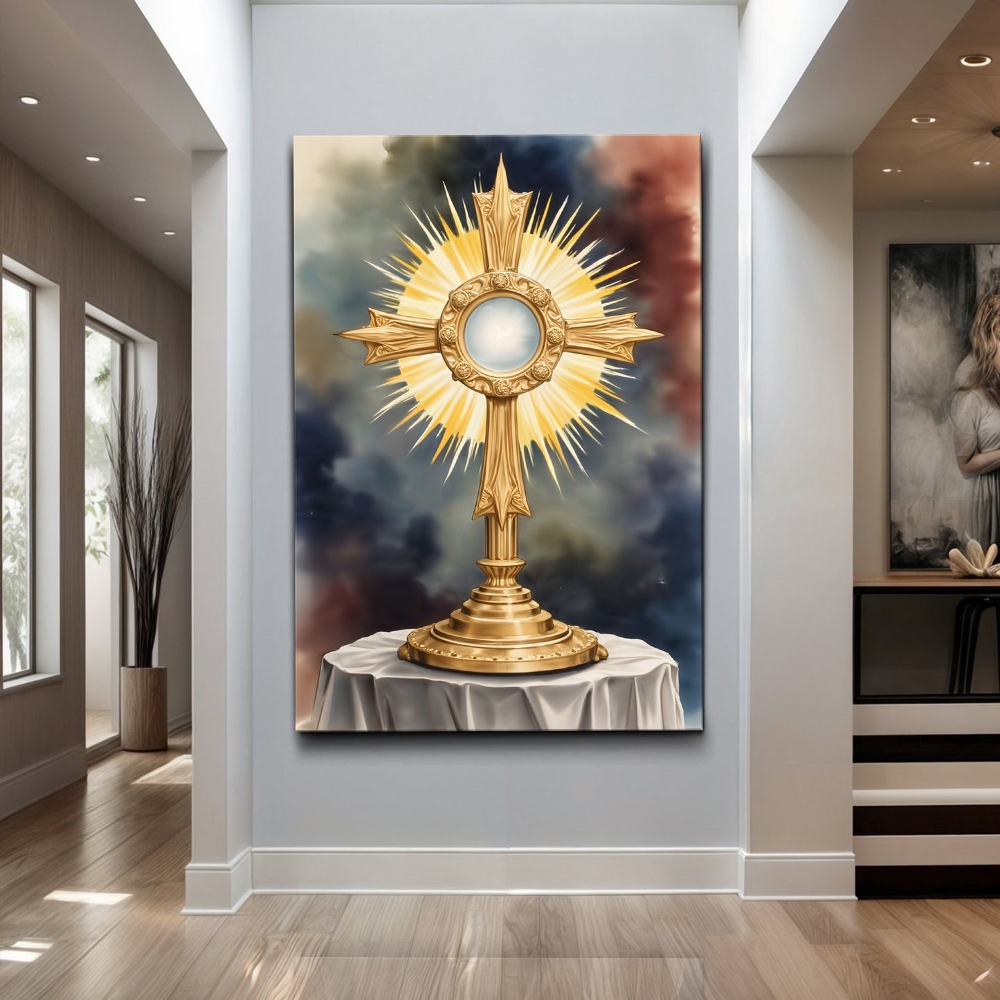 Holy Eucharist in Monstrance canvas wall art with gold sunburst monstrance on cloudy backdrop by Tailored Canvases on Tampa Home & Garden Store