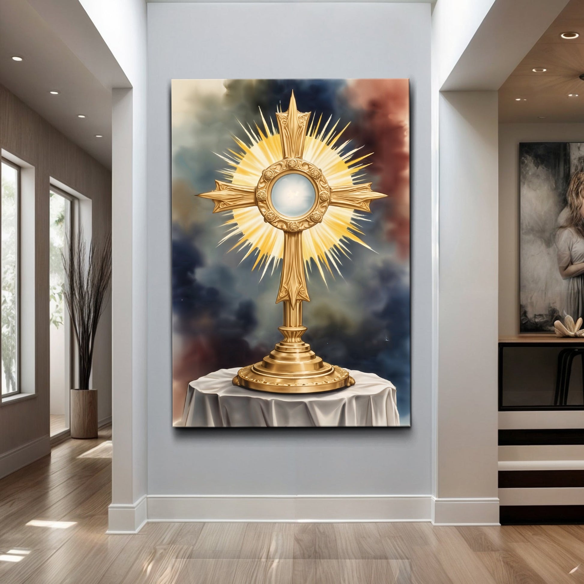 Holy Eucharist in Monstrance canvas wall art with gold sunburst monstrance on cloudy backdrop by Tailored Canvases on Tampa Home & Garden Store