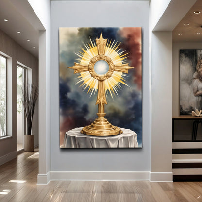 Holy Eucharist in Monstrance canvas wall art with gold sunburst monstrance on cloudy backdrop by Tailored Canvases on Tampa Home & Garden Store