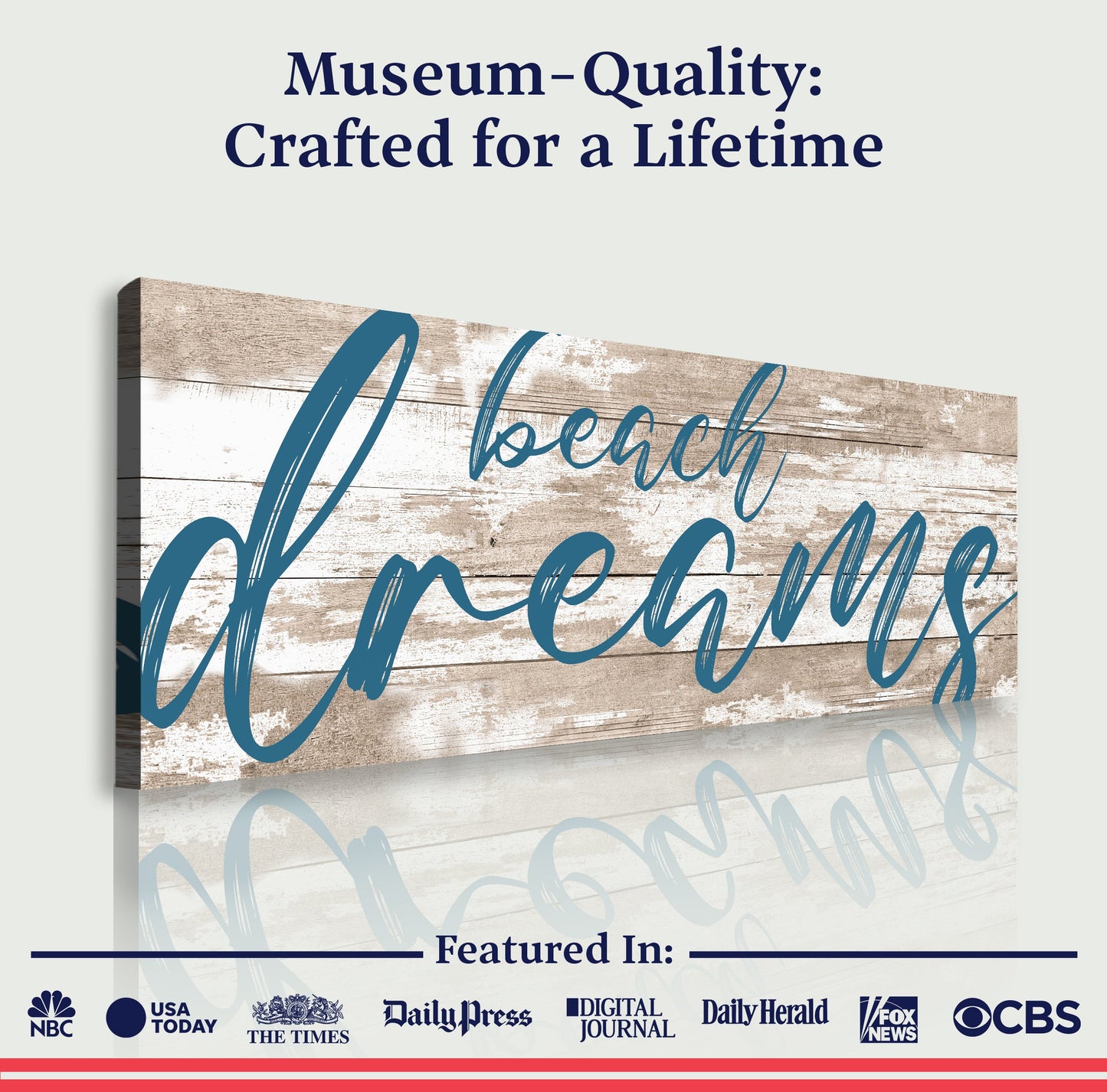 Beach Dreams Sign canvas by Tailored Canvases with rustic wood backdrop and blue script on Tampa Home & Garden Store