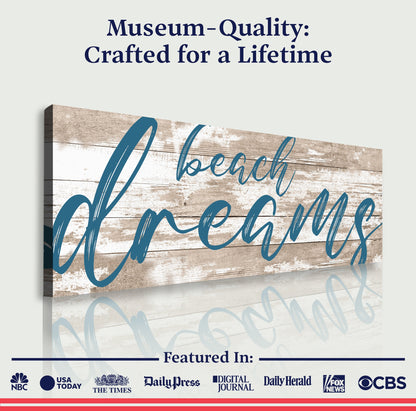 Beach Dreams Sign canvas by Tailored Canvases with rustic wood backdrop and blue script on Tampa Home & Garden Store