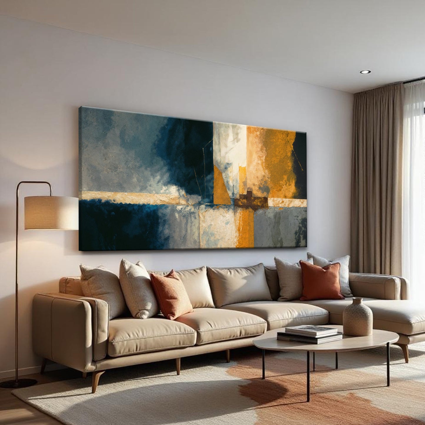 Abstract Geometric Lines Wall Art Canvas by Tailored Canvases; blue, gold and gray panels on Tampa Home & Garden Store