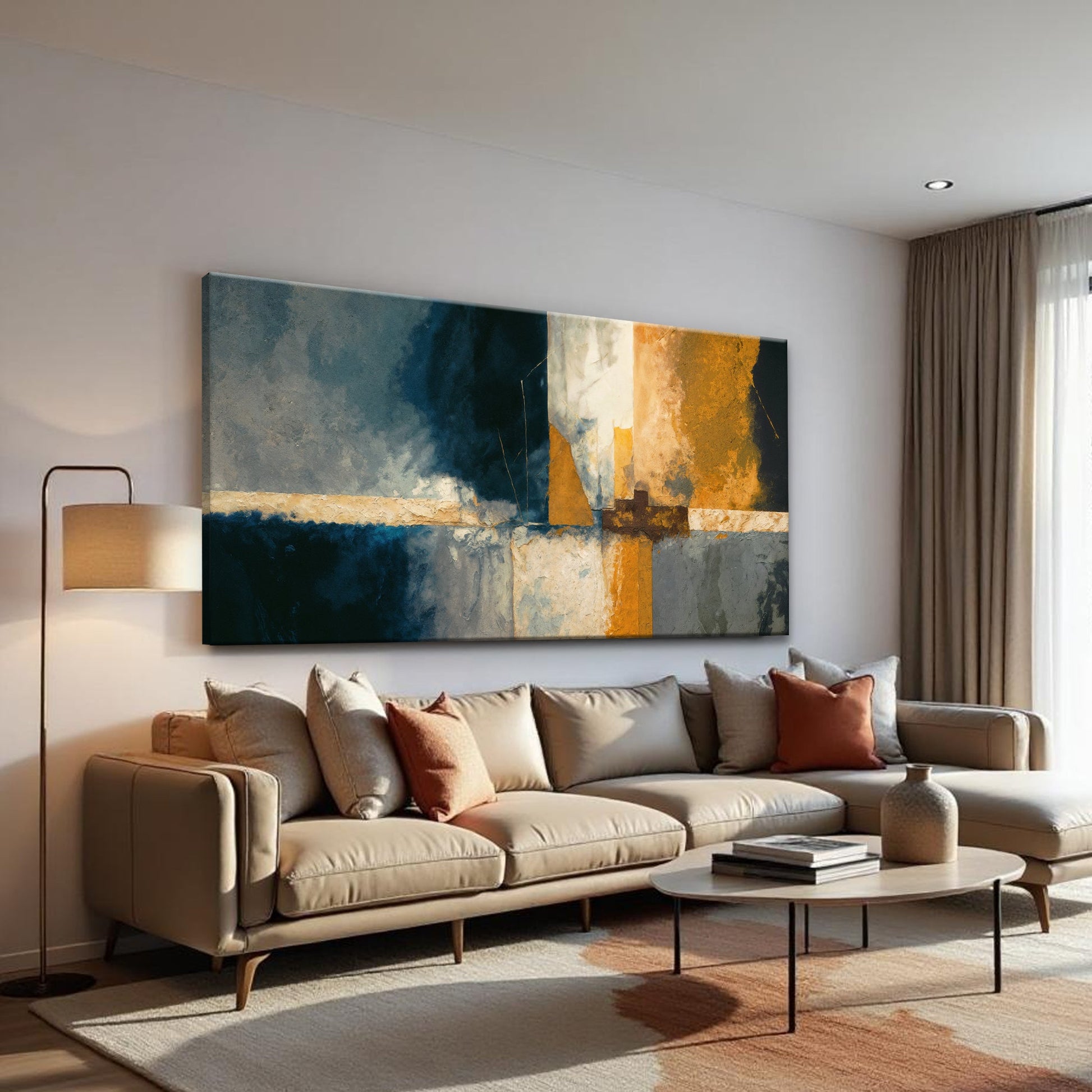 Abstract Geometric Lines Wall Art Canvas by Tailored Canvases; blue, gold and gray panels on Tampa Home & Garden Store