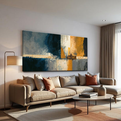 Abstract Geometric Lines Wall Art Canvas by Tailored Canvases; blue, gold and gray panels on Tampa Home & Garden Store