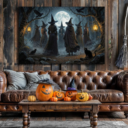 Coven of Witches Halloween Wall Art canvas by Tailored Canvases in a moonlit forest with witches on Tampa Home & Garden Store