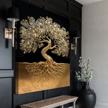 3D minimalist Tree of Life wall art canvas in gold with crystal leaves Tailored Canvases on Tampa Home & Garden Store