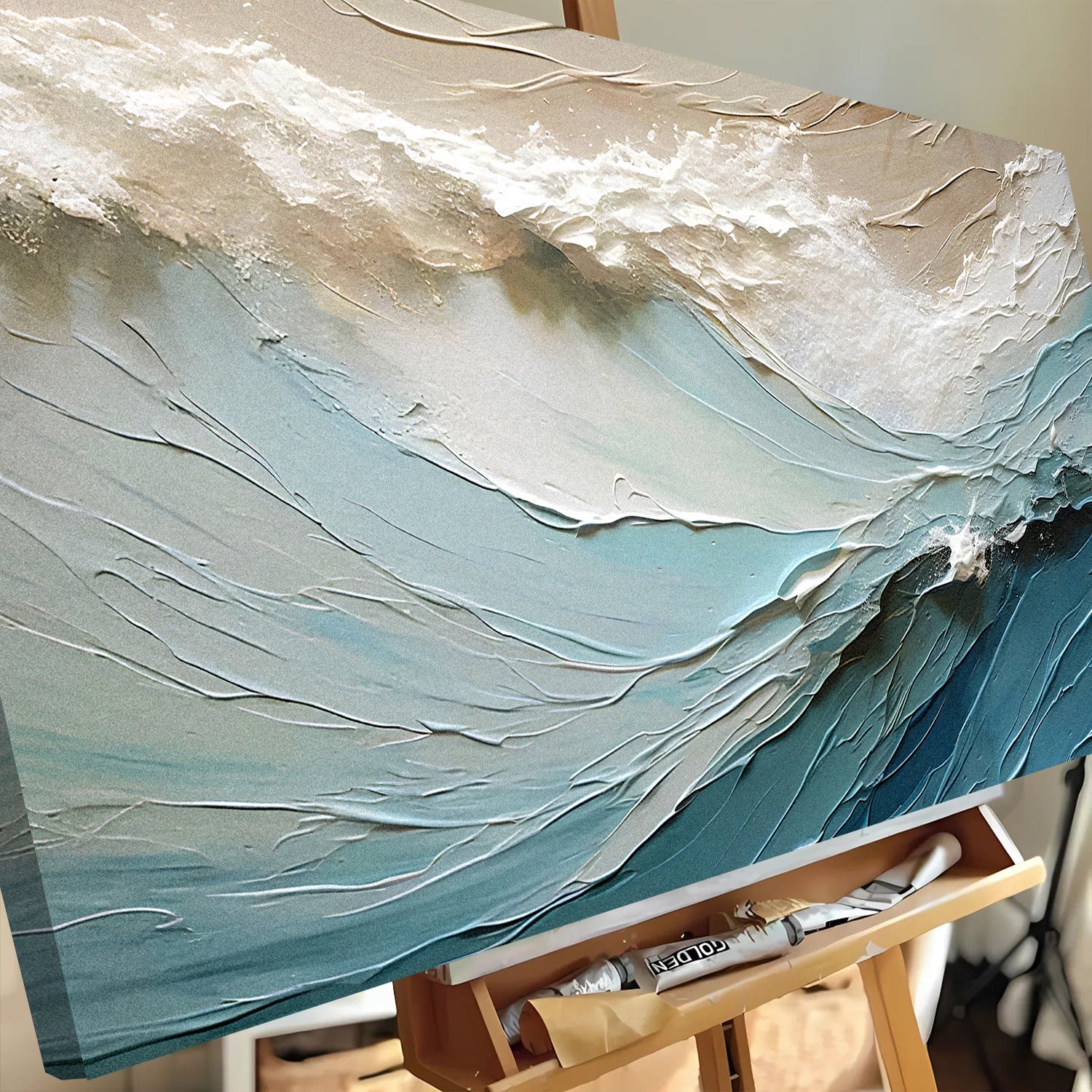 Beige Minimalist Wall Art canvas with textured blue white abstract waves by Tailored Canvases on Tampa Home & Garden Store
