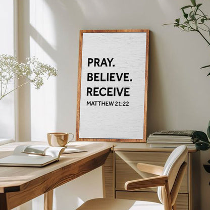 Canvas sign Tailored Canvases white wood-frame with Matthew 21:22 Pray Believe Receive on Tampa Home & Garden Store