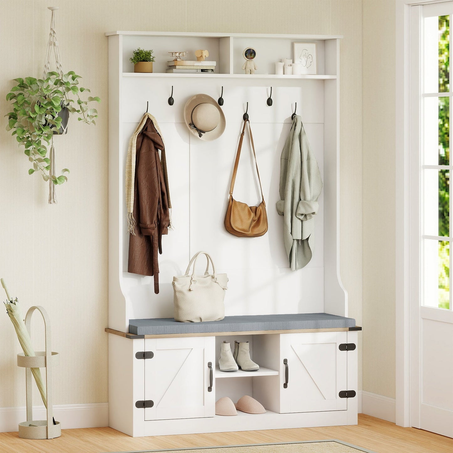 4-in-1 68.5 Inch Tall Coat Rack with Cushioned Bench and Shoe Storage-White