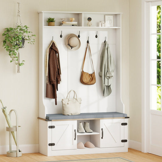 4-in-1 68.5 Inch Tall Coat Rack with Cushioned Bench and Shoe Storage-White