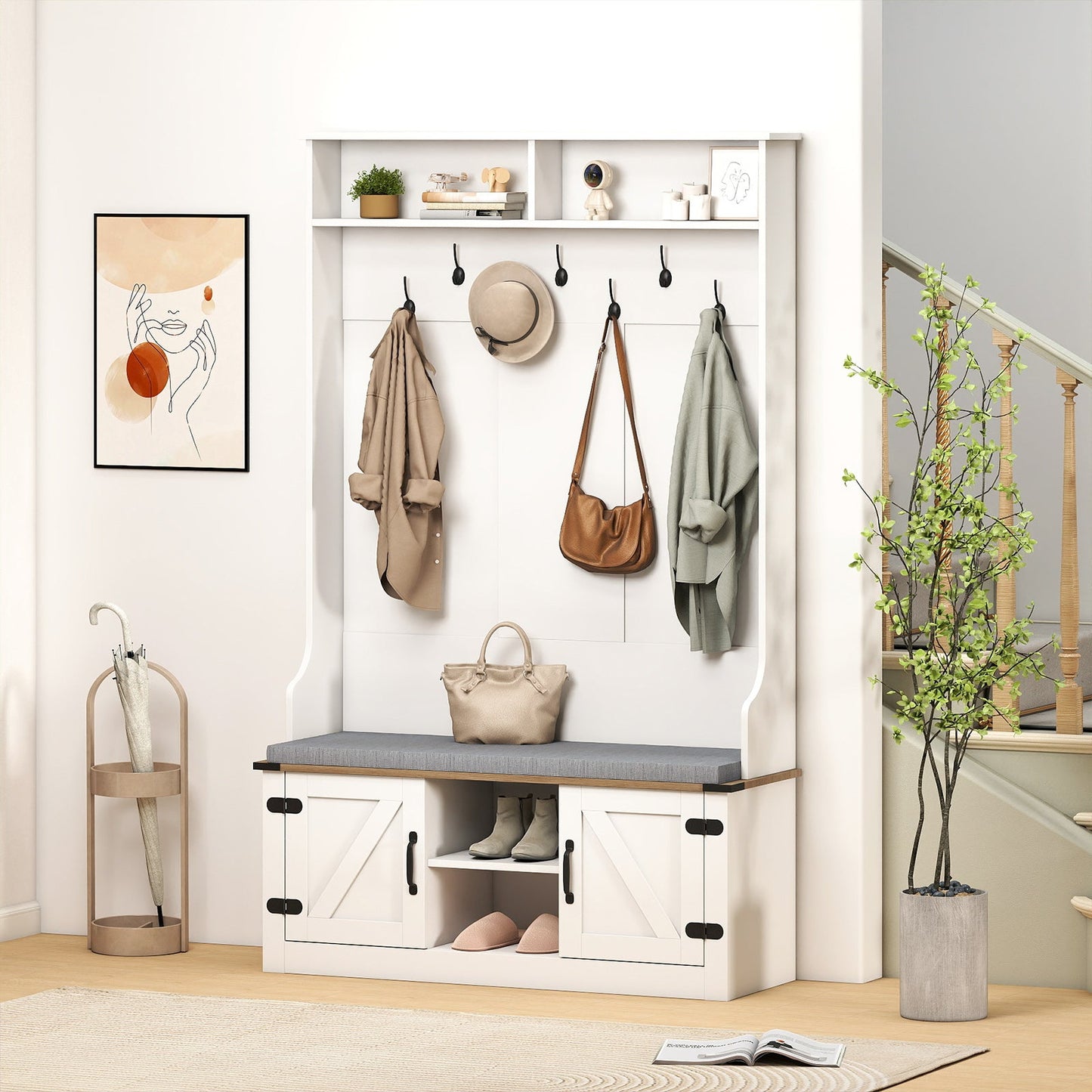 4-in-1 68.5 Inch Tall Coat Rack with Cushioned Bench and Shoe Storage-White