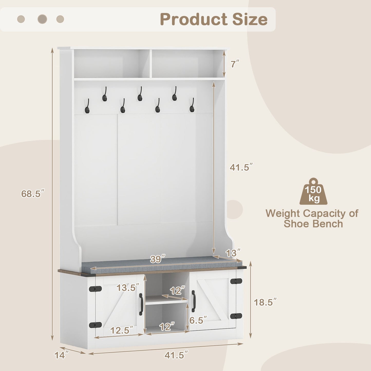 4-in-1 68.5 Inch Tall Coat Rack with Cushioned Bench and Shoe Storage-White