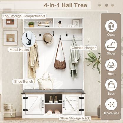 4-in-1 68.5 Inch Tall Coat Rack with Cushioned Bench and Shoe Storage-White