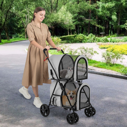 Poussette double 4 en 1 pour animaux de compagnie avec porte-bagages amovible et chariot de voyage 