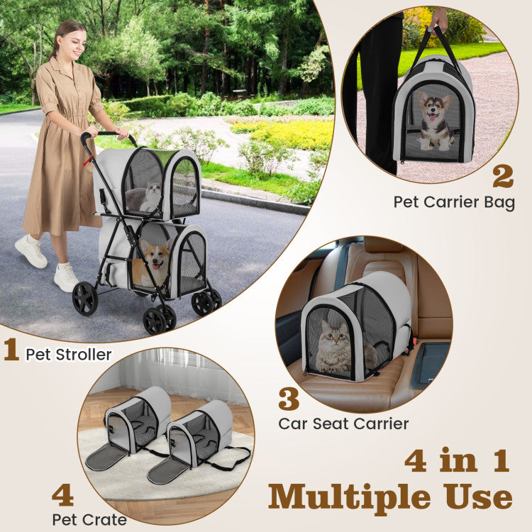 Poussette double 4 en 1 pour animaux de compagnie avec porte-bagages amovible et chariot de voyage 