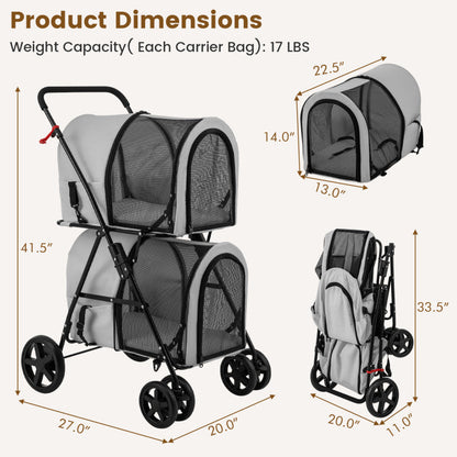 Poussette double 4 en 1 pour animaux de compagnie avec porte-bagages amovible et chariot de voyage 