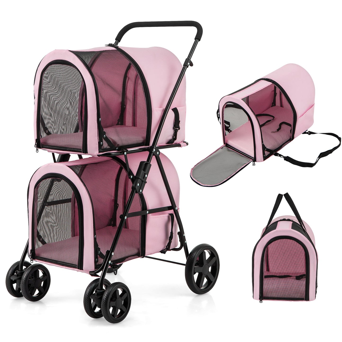 Poussette double 4 en 1 pour animaux de compagnie avec porte-bagages amovible et chariot de voyage 