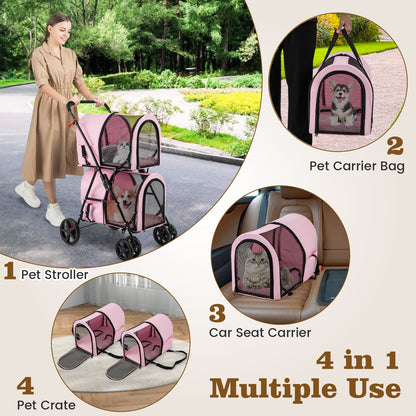 Poussette double 4 en 1 pour animaux de compagnie avec porte-bagages amovible et chariot de voyage 