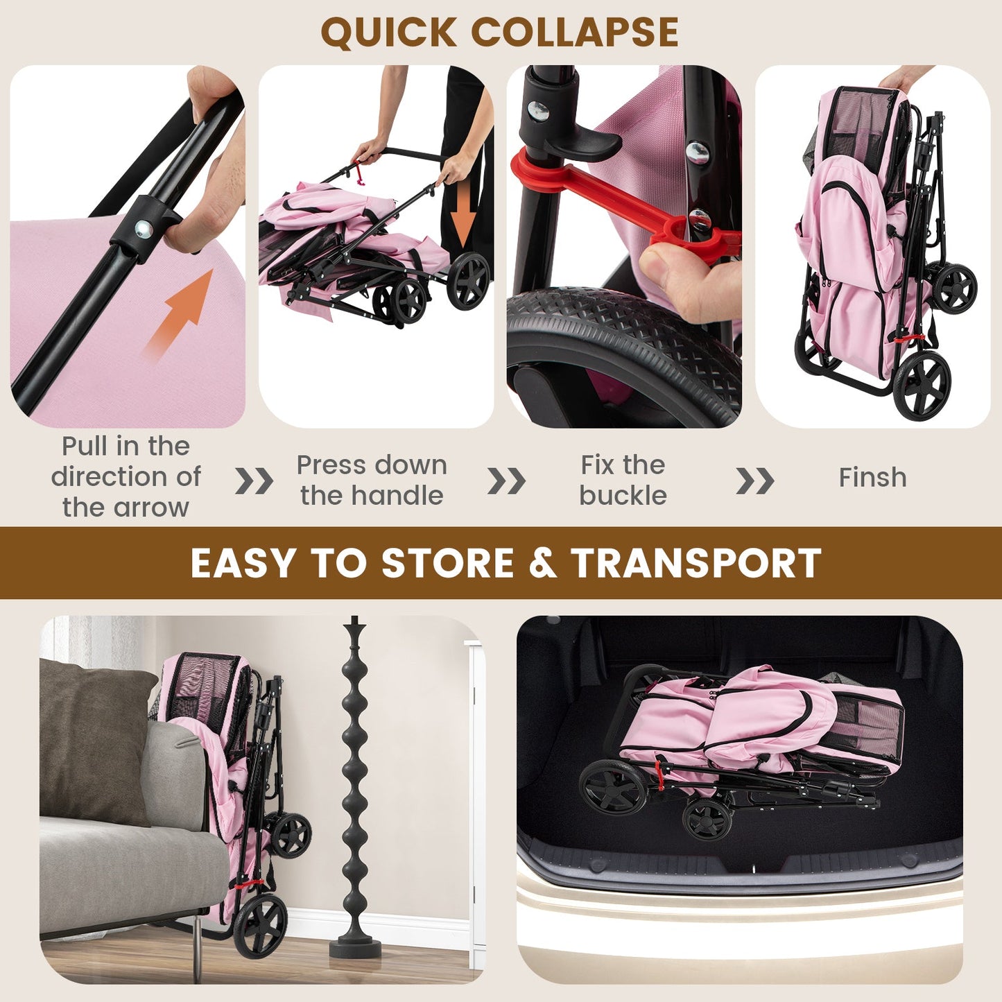 Poussette double 4 en 1 pour animaux de compagnie avec porte-bagages amovible et chariot de voyage 