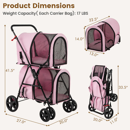Poussette double 4 en 1 pour animaux de compagnie avec porte-bagages amovible et chariot de voyage 