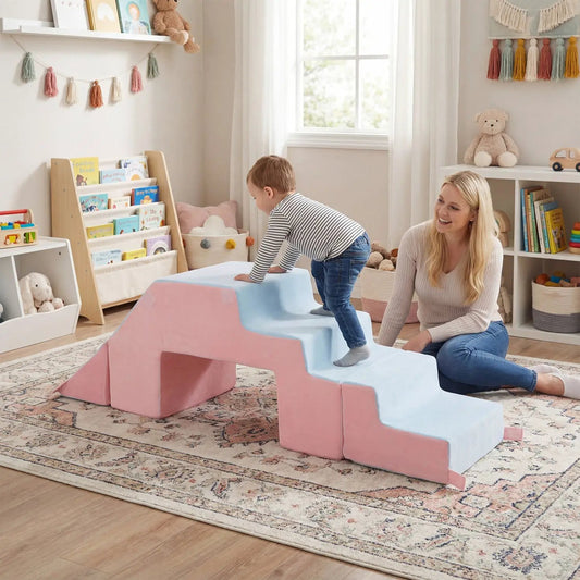4-in-1 foam climbing blocks with slide in pink and blue; toddler climbs with mom in a room on Tampa Home & Garden Store