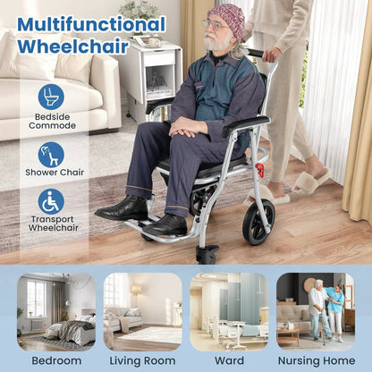 4-in-1 Foldable Bedside Commode Chair with Brakes and Bucket and Footrest